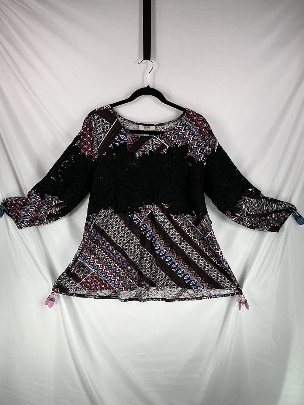 Black Geometric-Panel Tunic with Pink & Blue Accents